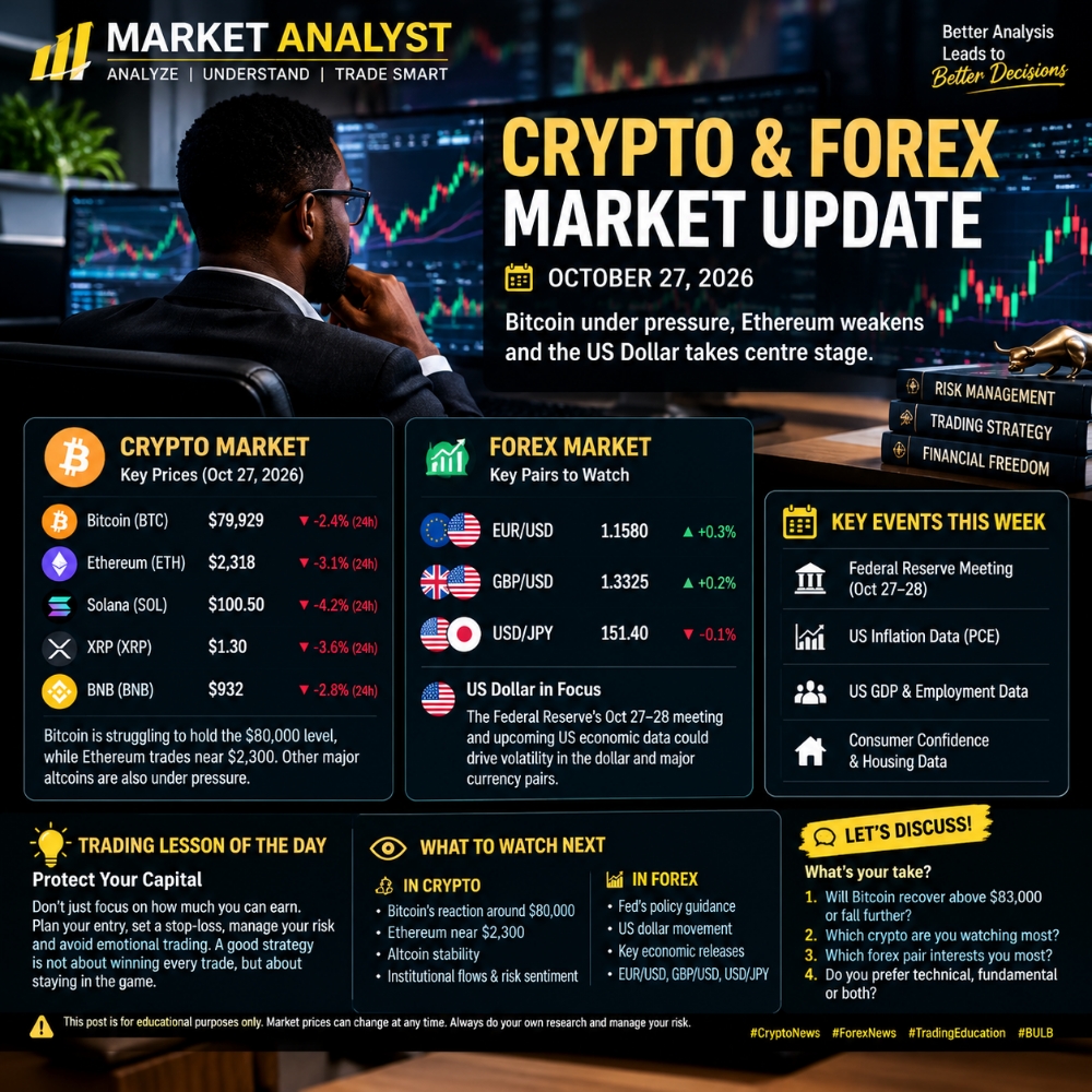 Crypto & Forex Market Update: Bitcoin Under Pressure, Ethereum Weakens & the US Dollar in Focus 📊🌍