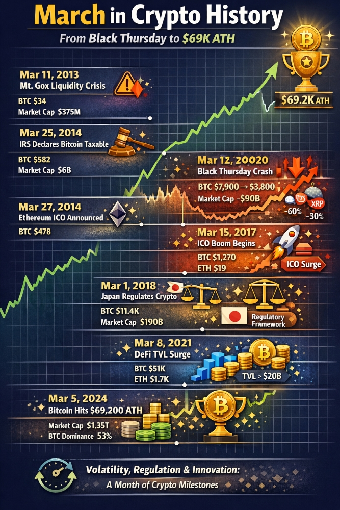 📅 March in Crypto History: From Black Thursdays to All-Time Highs