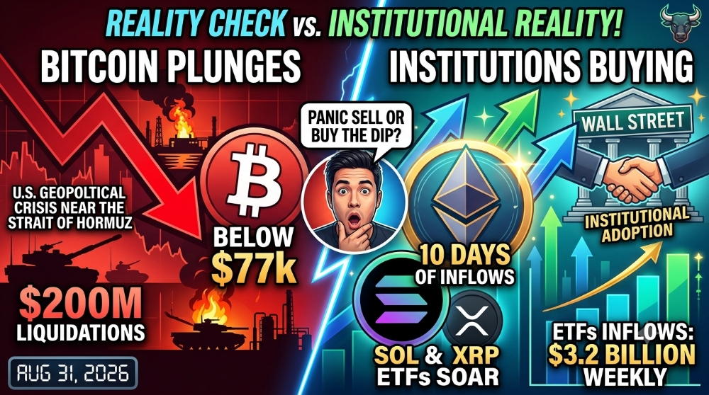BITCOIN BATTLES $77K AS US-IRAN STRIKES TRIGGER $200M LIQUIDATIONS — BUT INSTITUTIONS ARE STILL BUIL