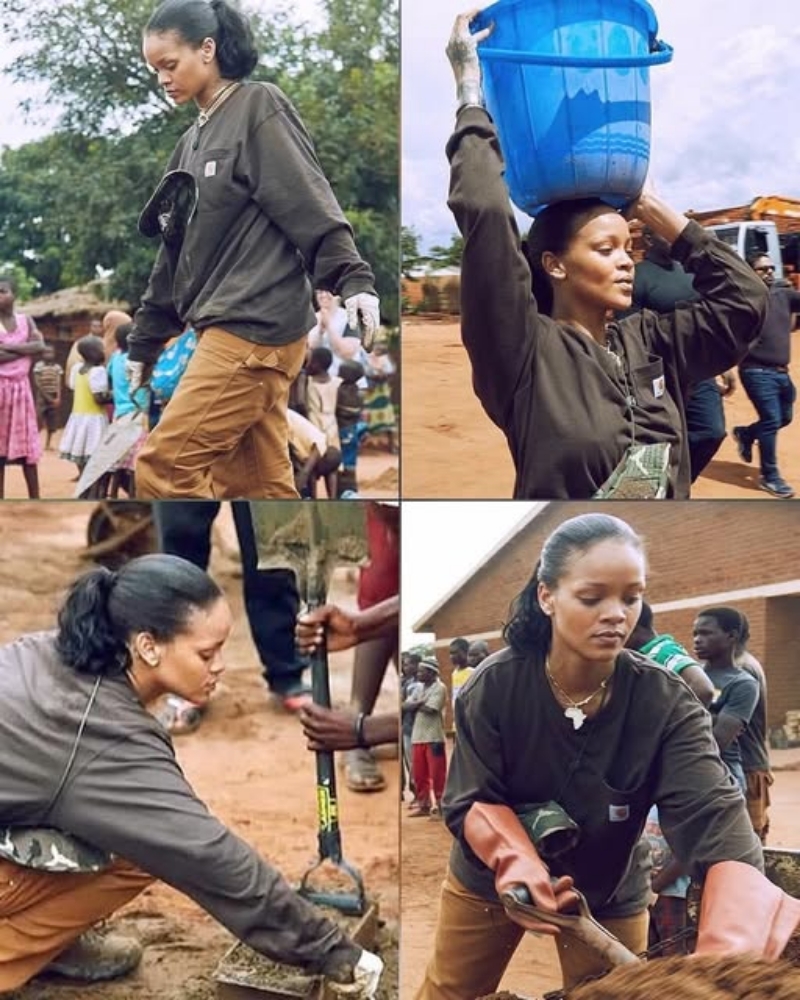 Rihanna carries sand and water to build hospital in Malawi, 2012