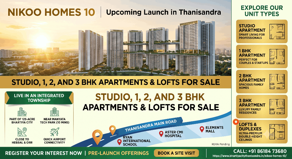 Nikoo Homes 10 Upcoming Launch in Thanisandra: Studio, 1, 2, and 3 BHK Apartments & Lofts for Sale