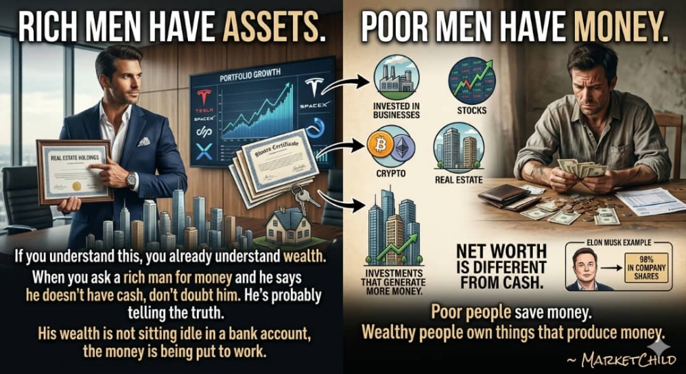 Rich men have assets.Poor men have money.